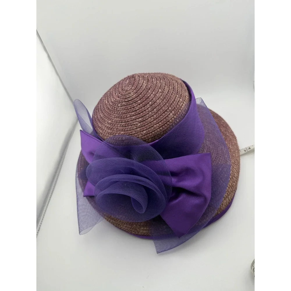 Vintage Purple Straw Cloche Hat Satin Bow Tulle Flower‎ Tea Party Church Wedding